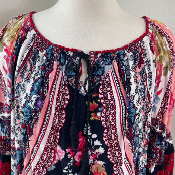 Bila Womens Plus XXL Multicolor Boho Tunic Top Floral Tassel Tie Shirt - Picture 2 of 11